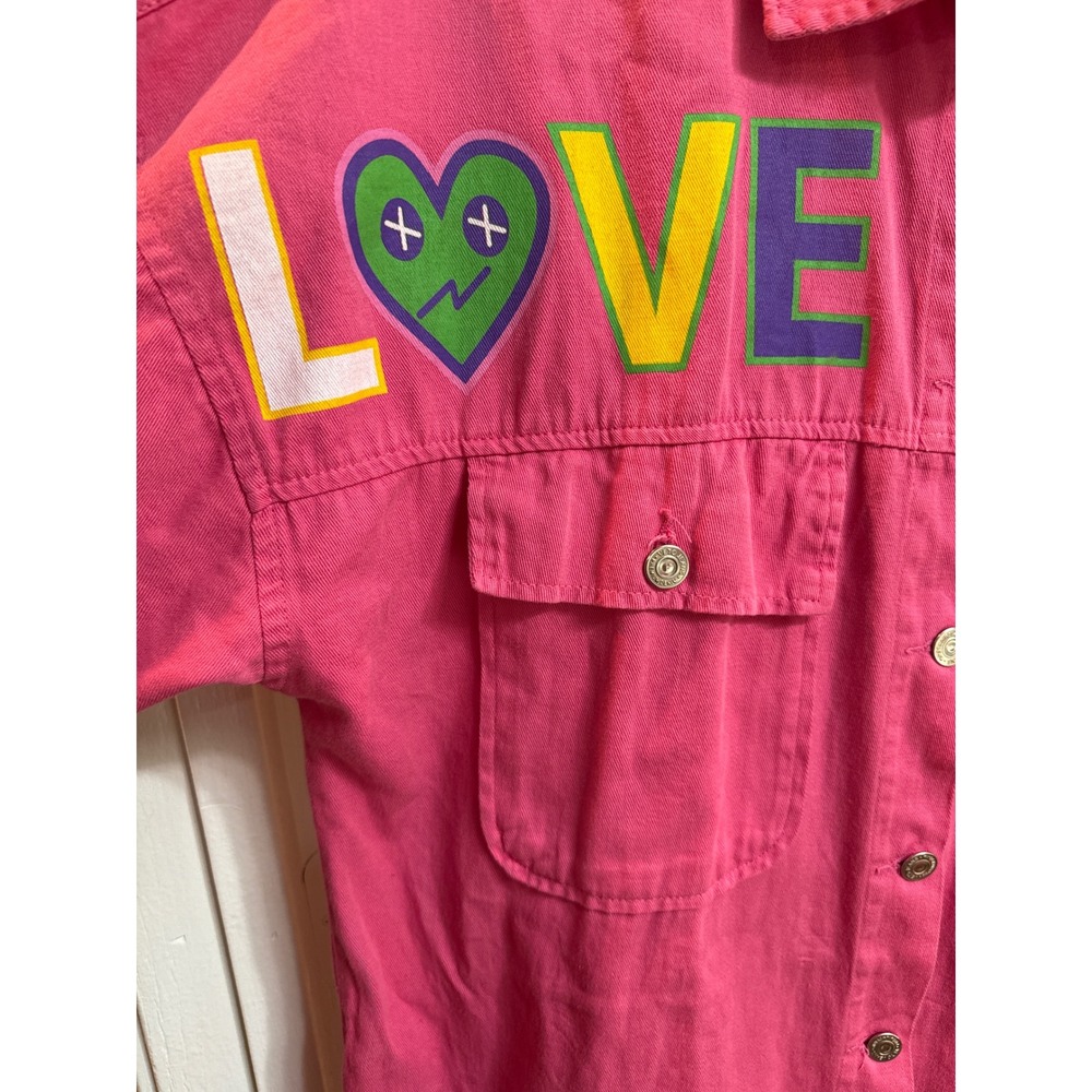 Veto Jeans Vintage Pink Denim Shirt Love Smile Graphic Button Down Oversized L - Picture 4 of 8